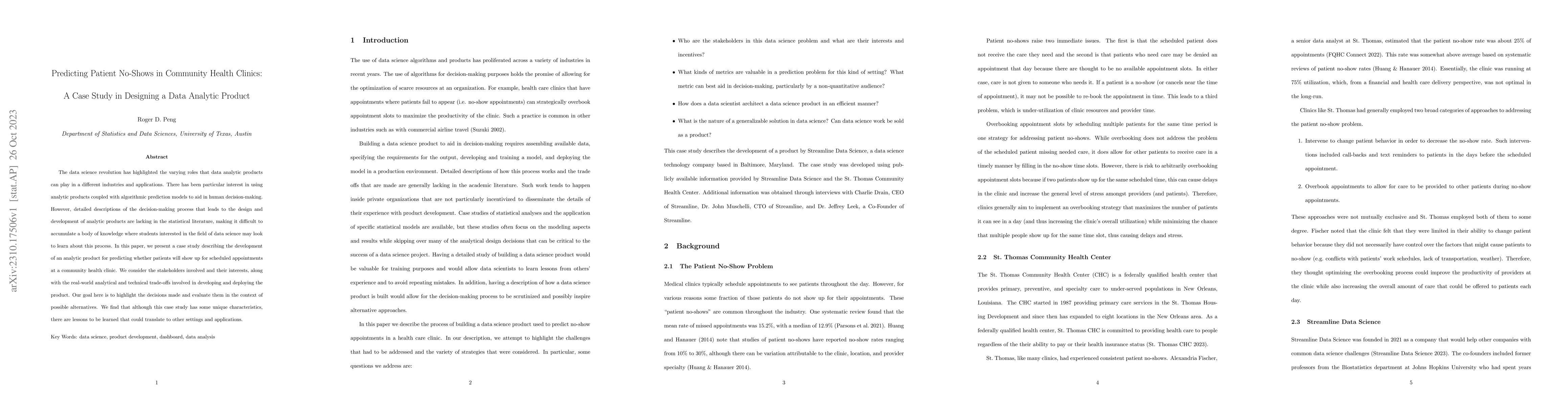 Thumbnail for Predicting Patient No-Shows in Community Health Clinics: A Case Study in
  Designing a Data Analytic Product