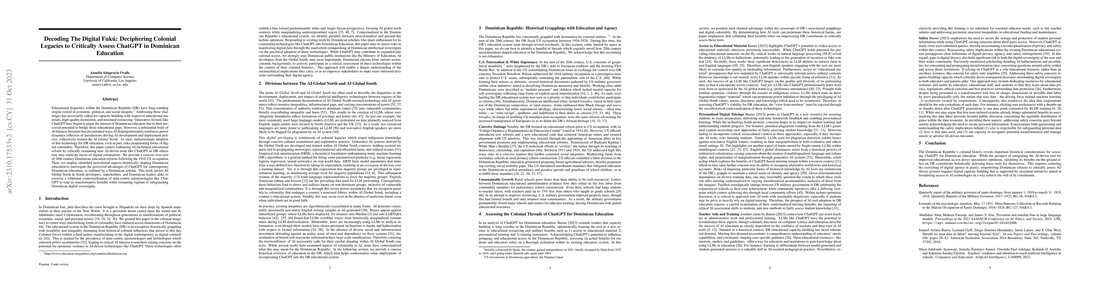Thumbnail for Decoding The Digital Fuku: Deciphering Colonial Legacies to Critically
  Assess ChatGPT in Dominican Education
