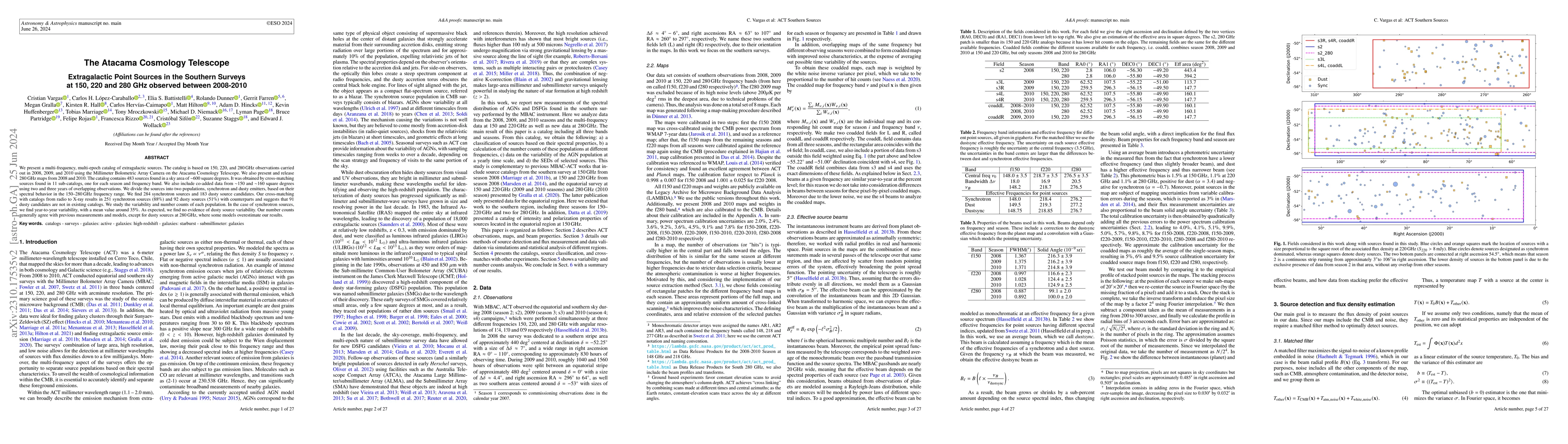 Thumbnail for The Atacama Cosmology Telescope: Extragalactic Point Sources in the
  Southern Surveys at 150, 220 and 280 GHz observed between 2008-2010