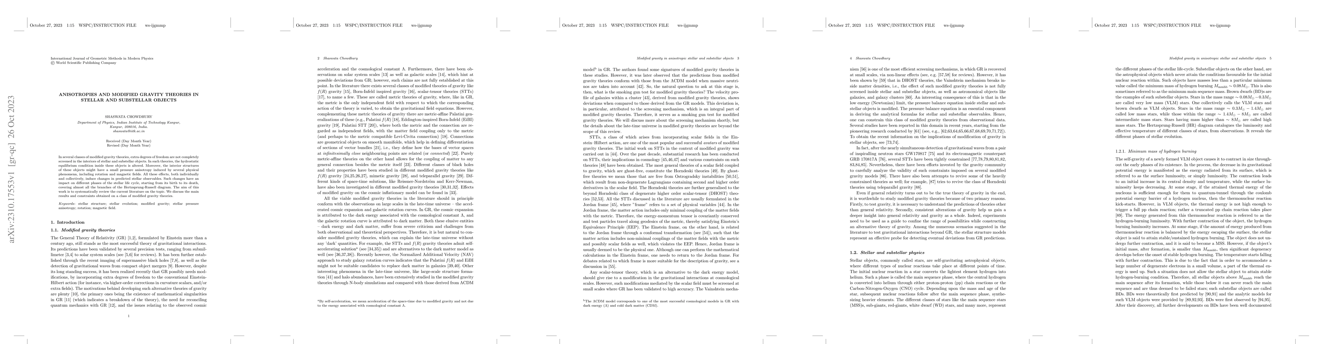 Thumbnail for Anisotropies and modified gravity theories in stellar and substellar
  objects
