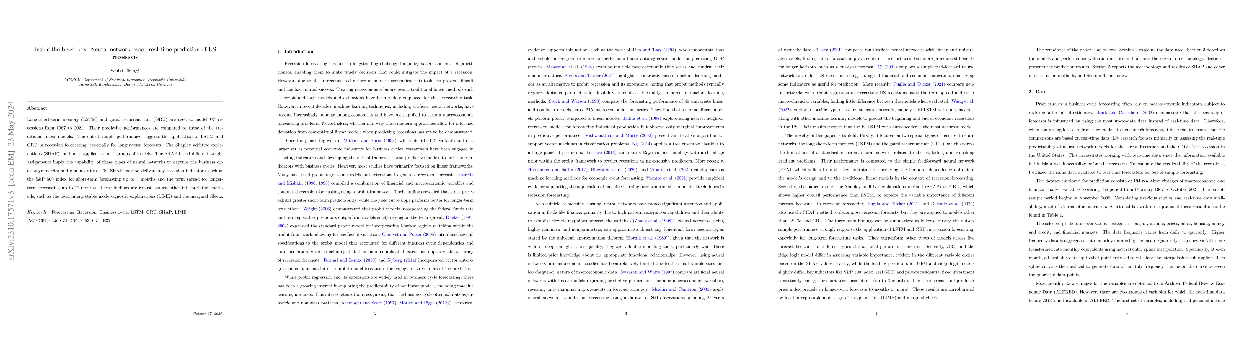 Thumbnail for Inside the black box: Neural network-based real-time prediction of US
  recessions