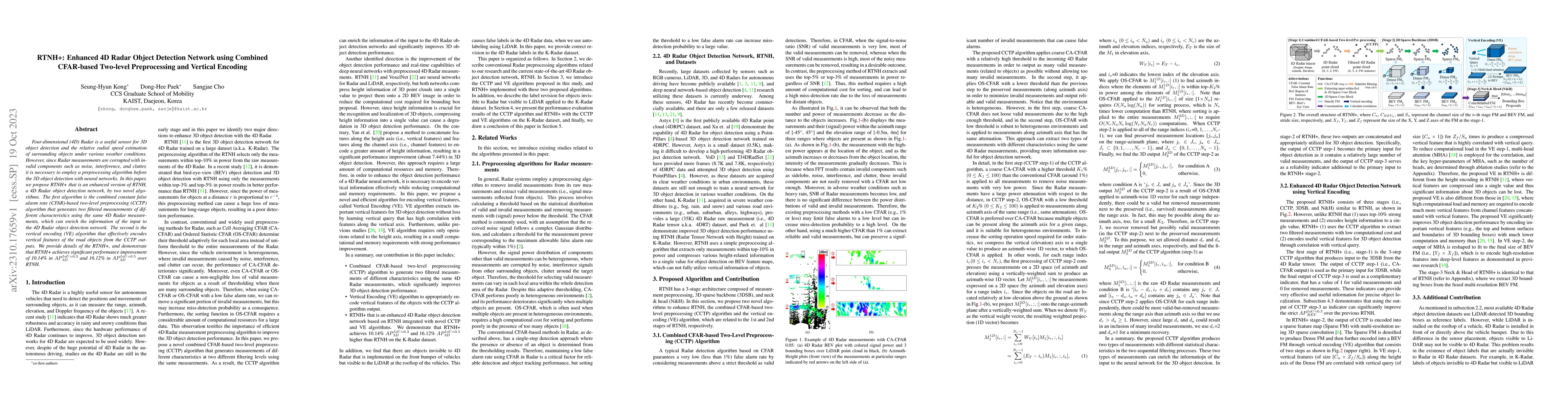 Thumbnail for RTNH+: Enhanced 4D Radar Object Detection Network using Combined
  CFAR-based Two-level Preprocessing and Vertical Encoding