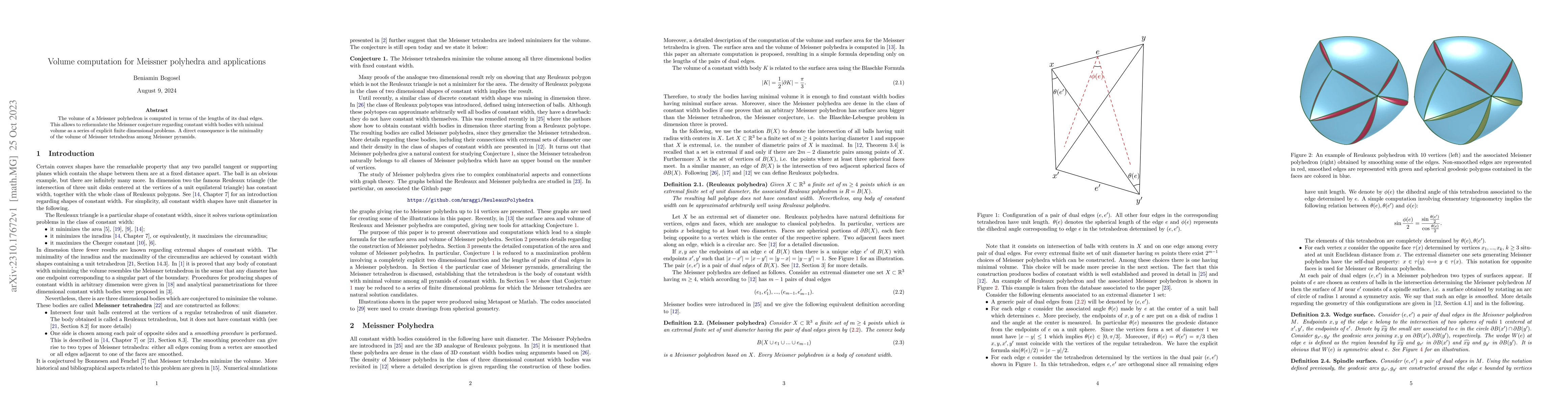 Thumbnail for Volume computation for Meissner polyhedra and applications