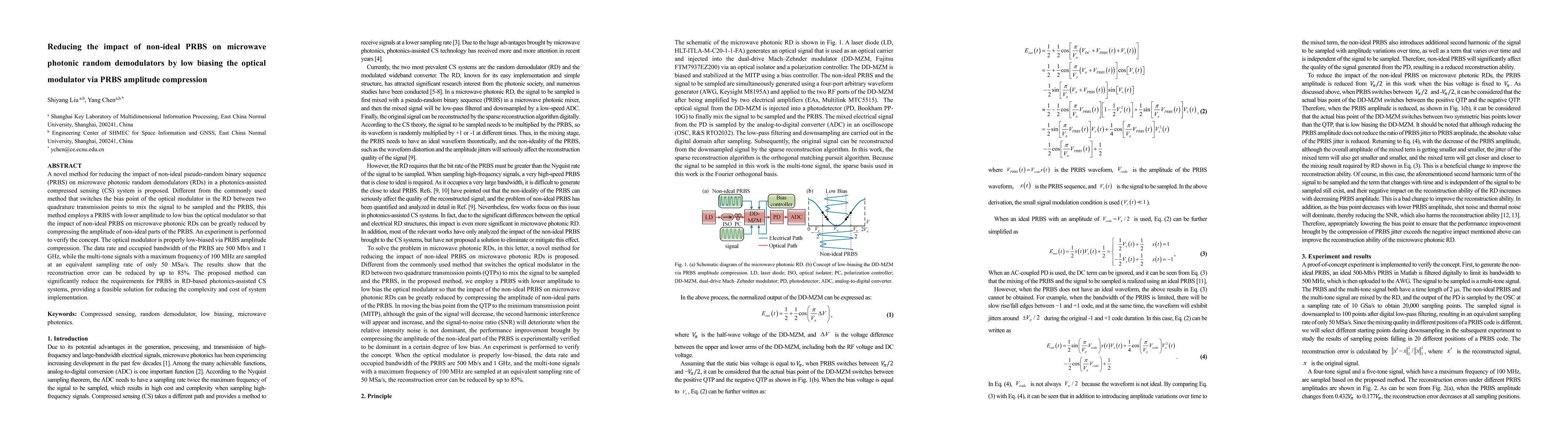 Thumbnail for Reducing the impact of non-ideal PRBS on microwave photonic random
  demodulators by low biasing the optical modulator via PRBS amplitude
  compression