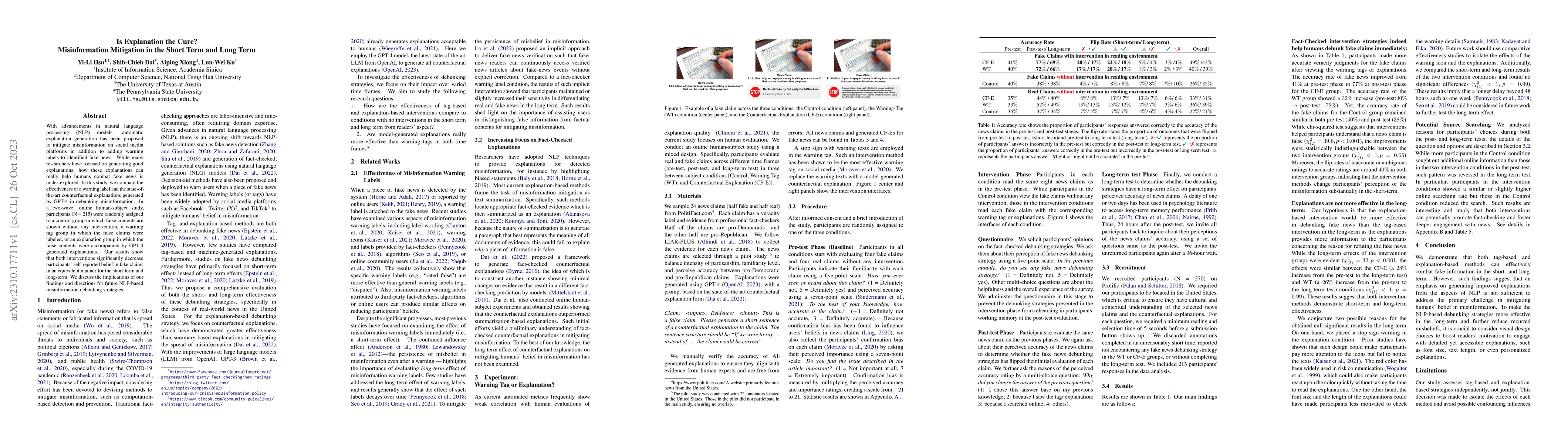 Thumbnail for Is Explanation the Cure? Misinformation Mitigation in the Short Term and
  Long Term