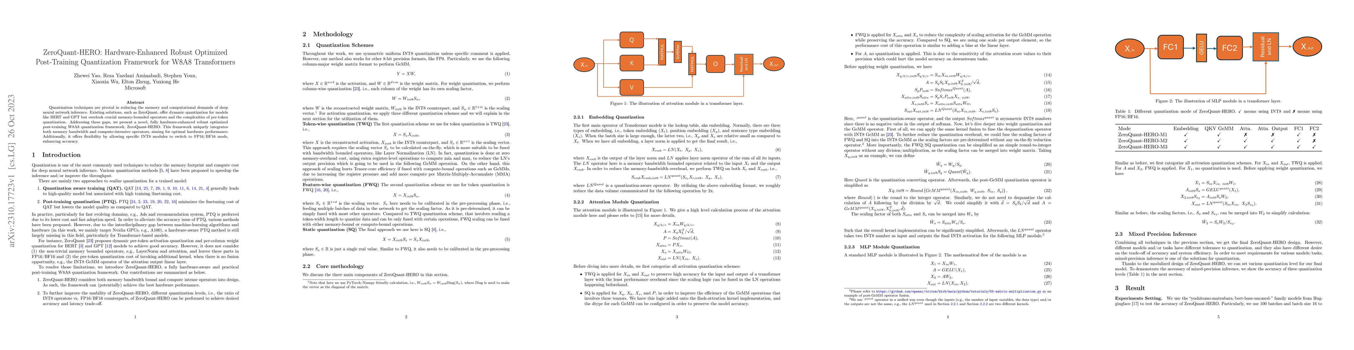 Thumbnail for ZeroQuant-HERO: Hardware-Enhanced Robust Optimized Post-Training
  Quantization Framework for W8A8 Transformers