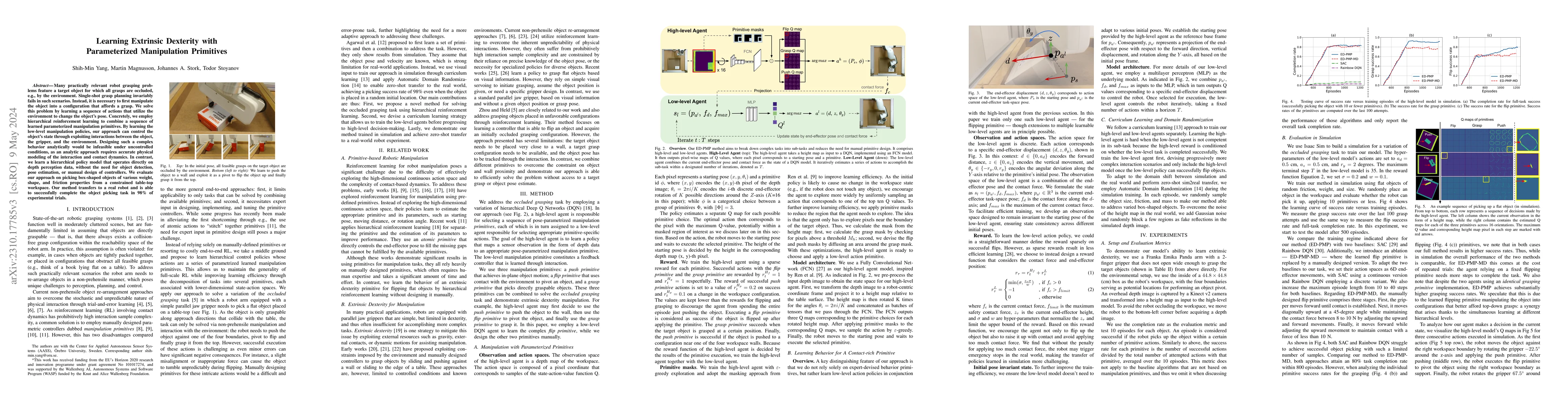 Thumbnail for Learning Extrinsic Dexterity with Parameterized Manipulation Primitives