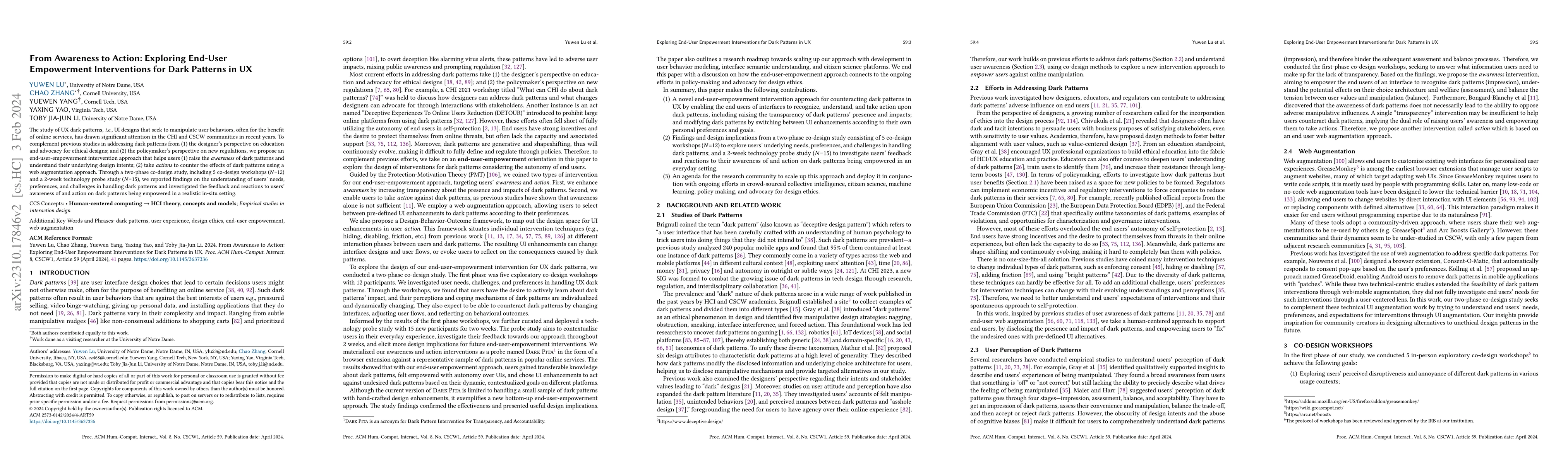 Thumbnail for From Awareness to Action: Exploring End-User Empowerment Interventions
  for Dark Patterns in UX