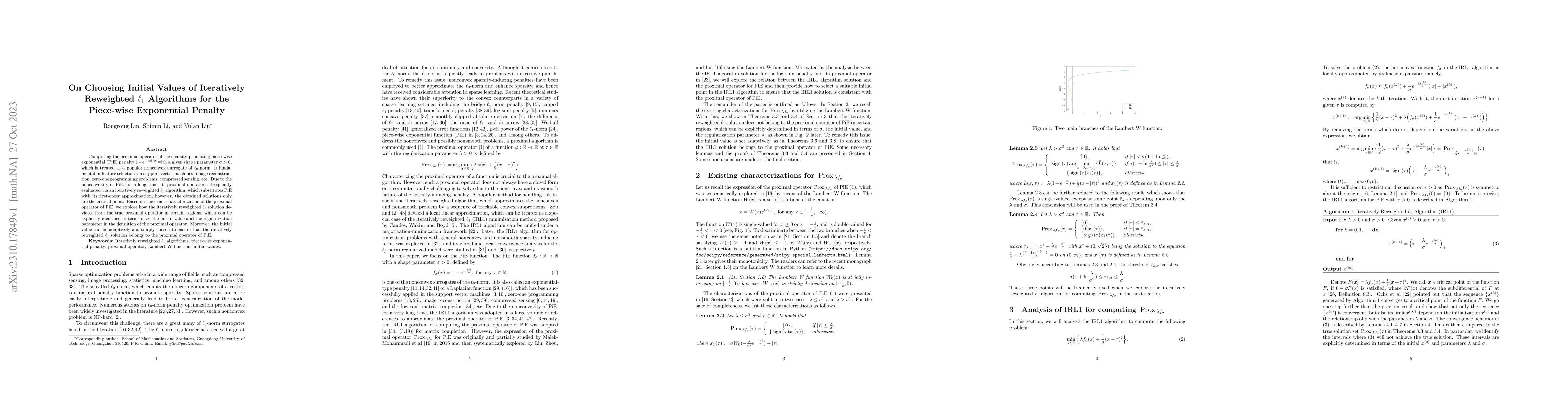 Thumbnail for On Choosing Initial Values of Iteratively Reweighted $\ell_1$ Algorithms
  for the Piece-wise Exponential Penalty