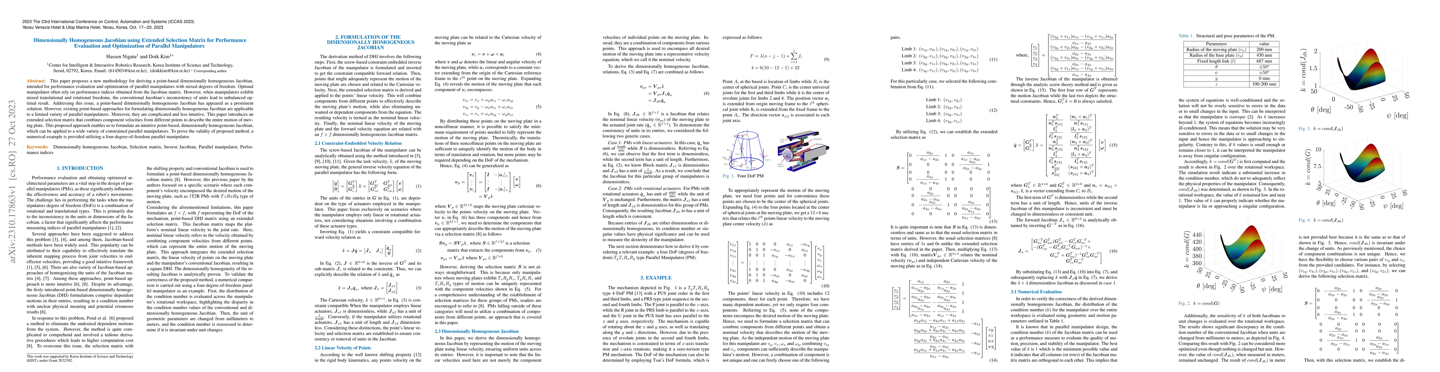 Thumbnail for Dimensionally Homogeneous Jacobian using Extended Selection Matrix for
  Performance Evaluation and Optimization of Parallel Manipulators