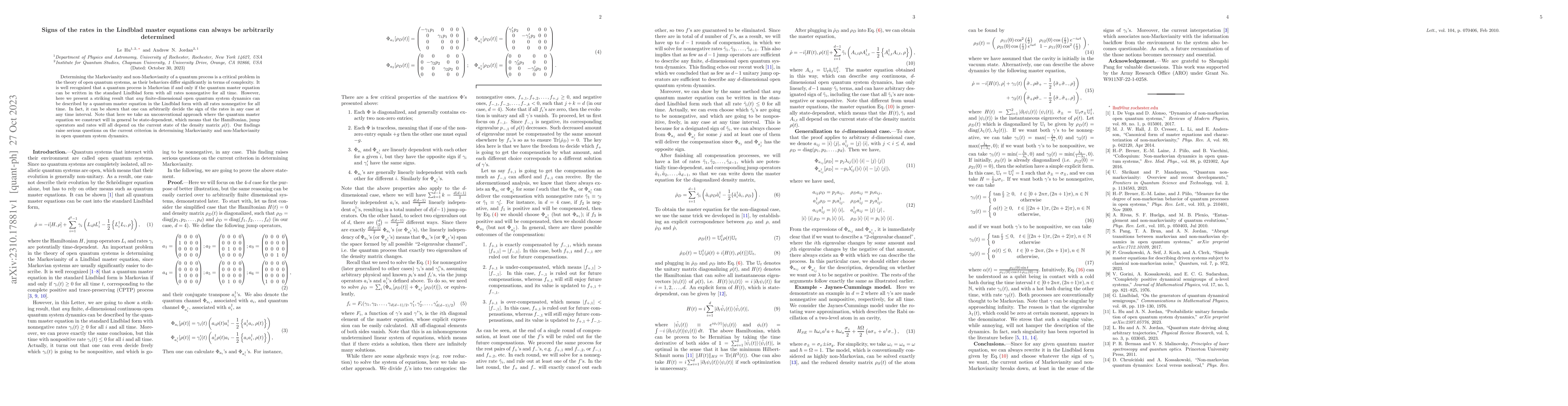 Thumbnail for Signs of the rates in the Lindblad master equations can always be
  arbitrarily determined