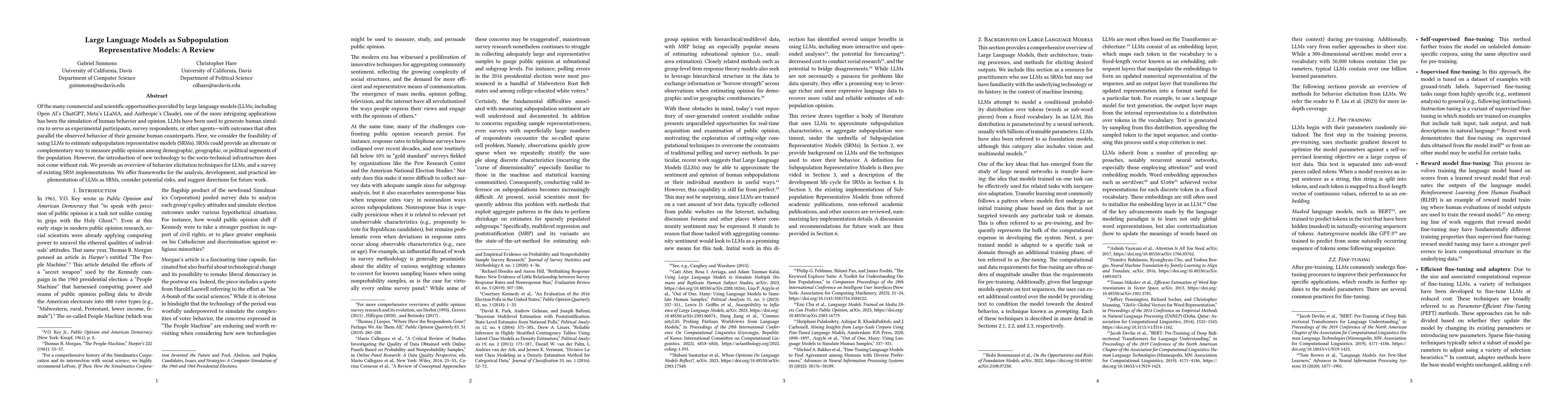 Thumbnail for Large Language Models as Subpopulation Representative Models: A Review