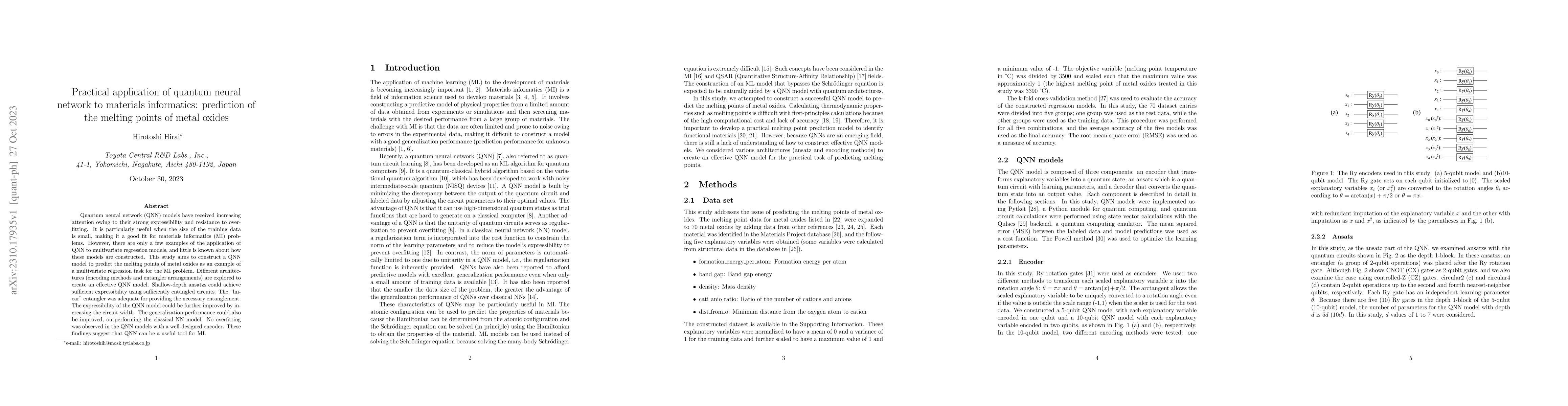 Thumbnail for Practical application of quantum neural network to materials
  informatics: prediction of the melting points of metal oxides