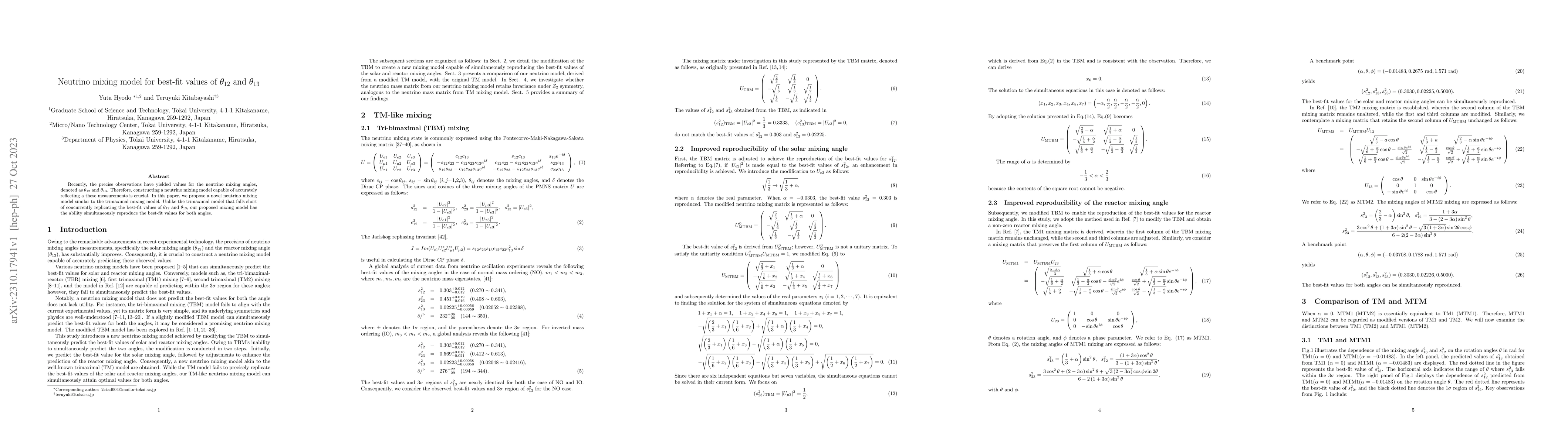 Thumbnail for Neutrino mixing model for best-fit values of ${\theta}_{12}$ and
  ${\theta}_{13}$