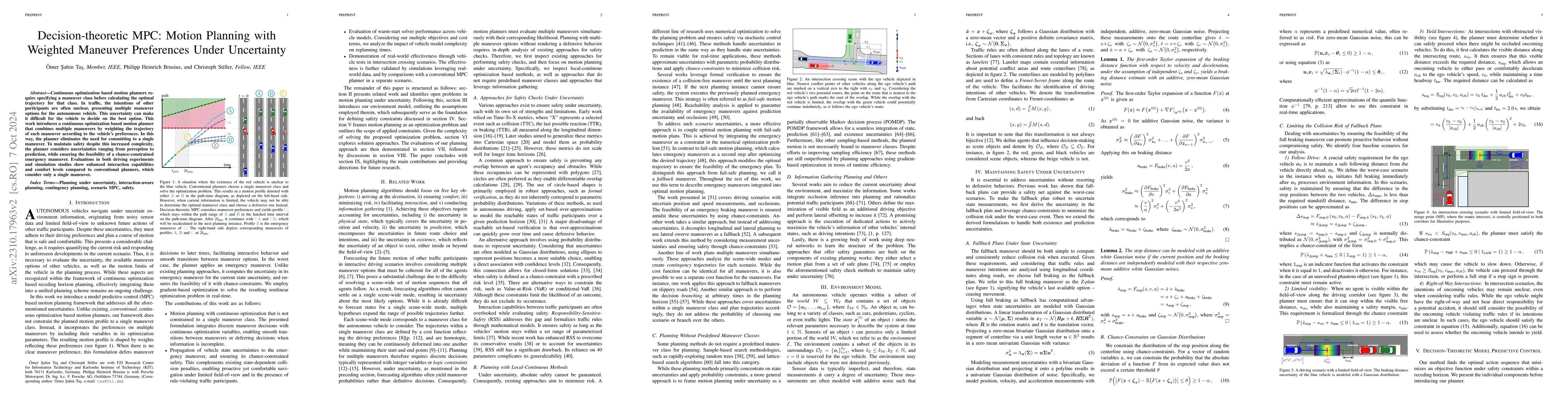 Thumbnail for Decision-theoretic MPC: Motion Planning with Weighted Maneuver
  Preferences Under Uncertainty