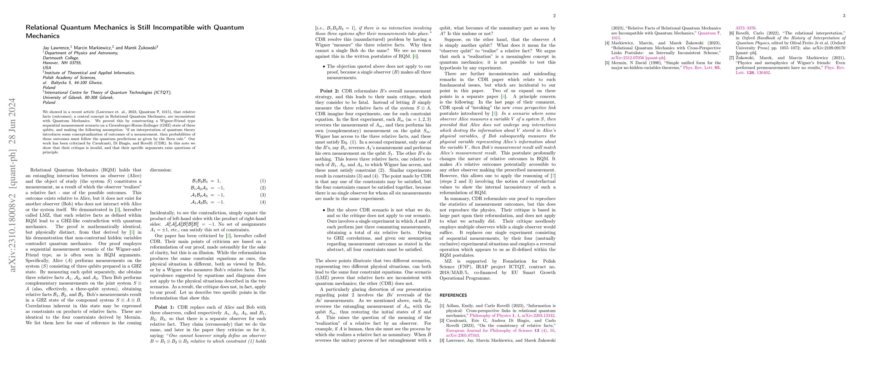 Thumbnail for Relational Quantum Mechanics is Still Incompatible with Quantum
  Mechanics