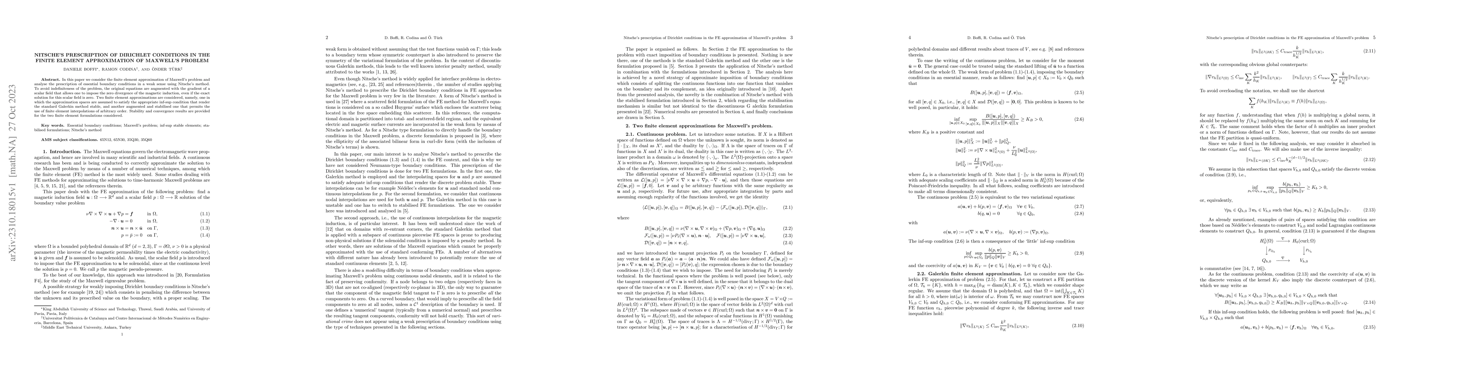 Thumbnail for Nitsche's prescription of Dirichlet conditions in the finite element
  approximation of Maxwell's problem