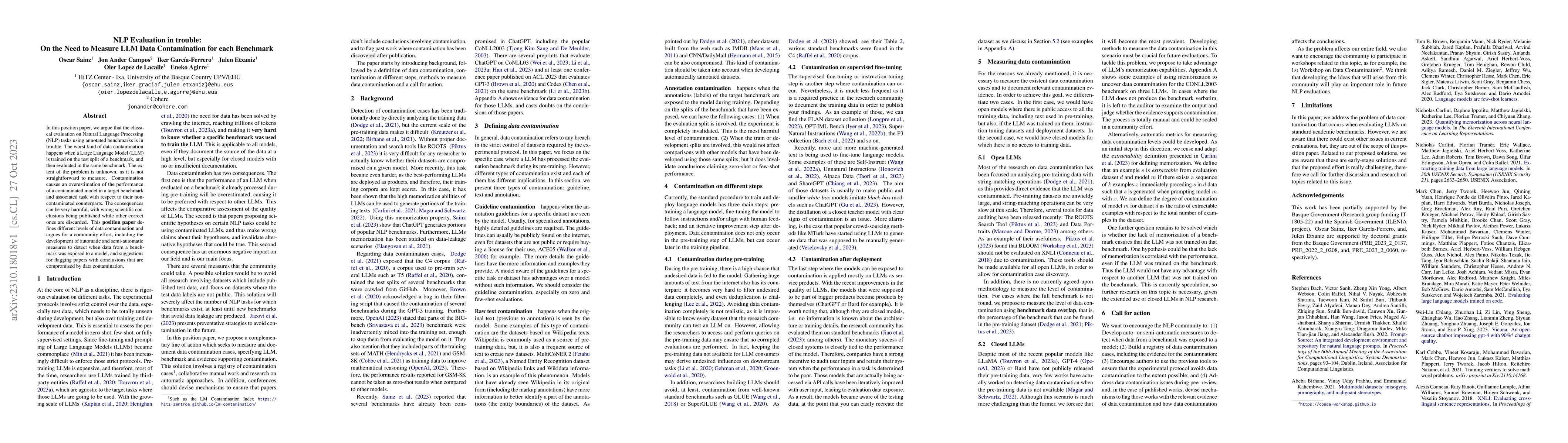 Thumbnail for NLP Evaluation in trouble: On the Need to Measure LLM Data Contamination
  for each Benchmark