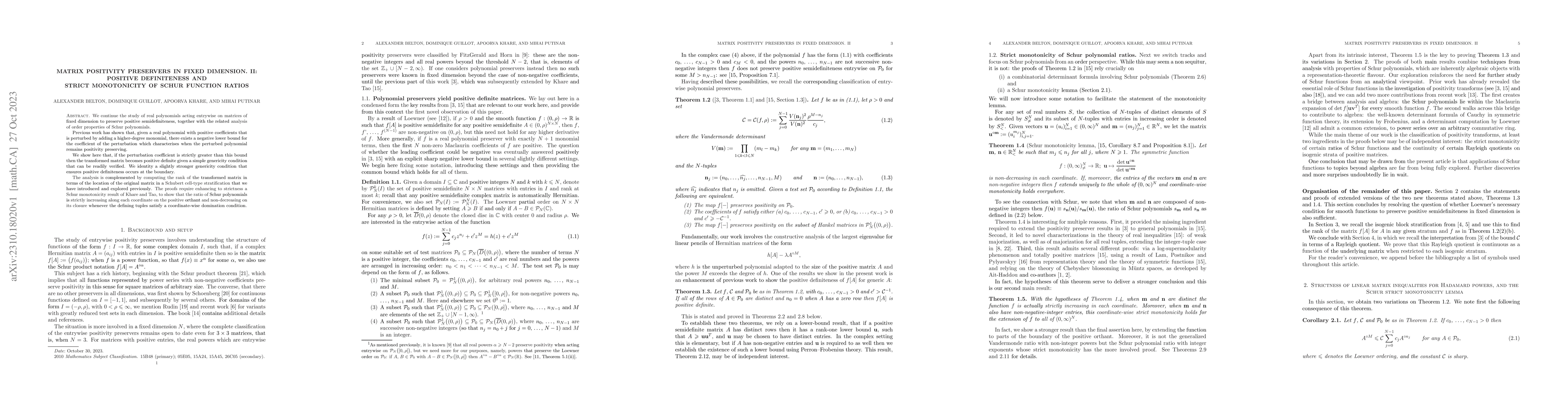 Thumbnail for Matrix positivity preservers in fixed dimension. II: positive
  definiteness and strict monotonicity of Schur function ratios