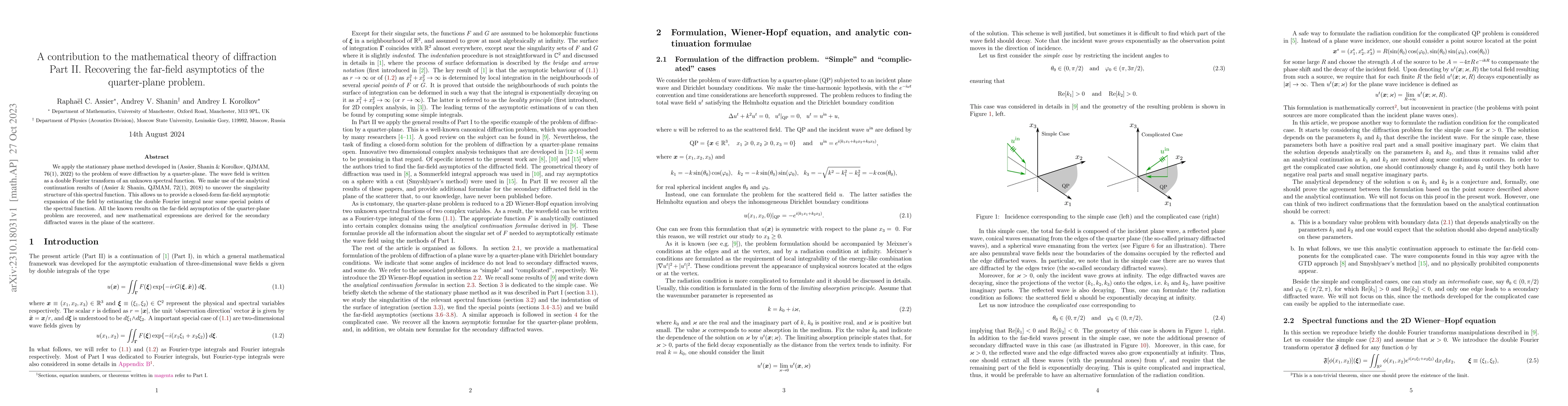 Thumbnail for A contribution to the mathematical theory of diffraction. Part II:
  Recovering the far-field asymptotics of the quarter-plane problem