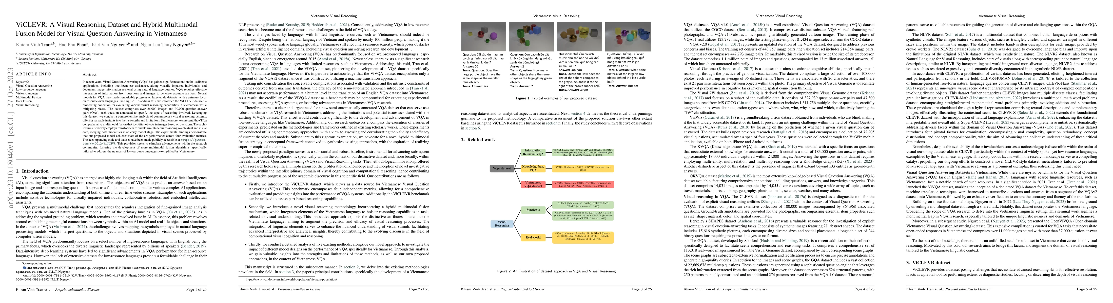 Thumbnail for ViCLEVR: A Visual Reasoning Dataset and Hybrid Multimodal Fusion Model
  for Visual Question Answering in Vietnamese