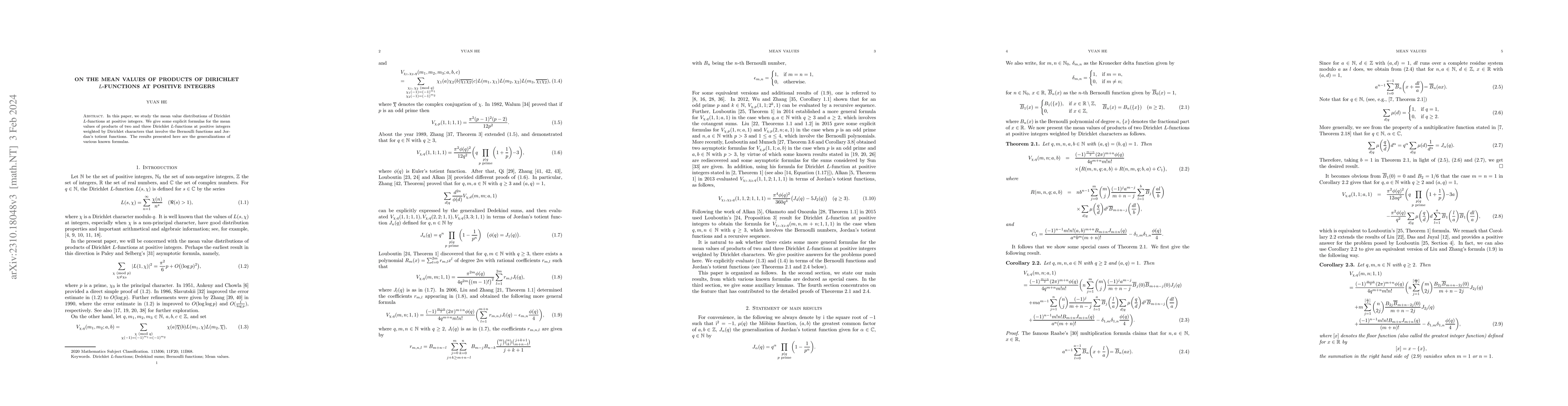 Thumbnail for On the mean values of products of Dirichlet $L$-functions at positive
  integers