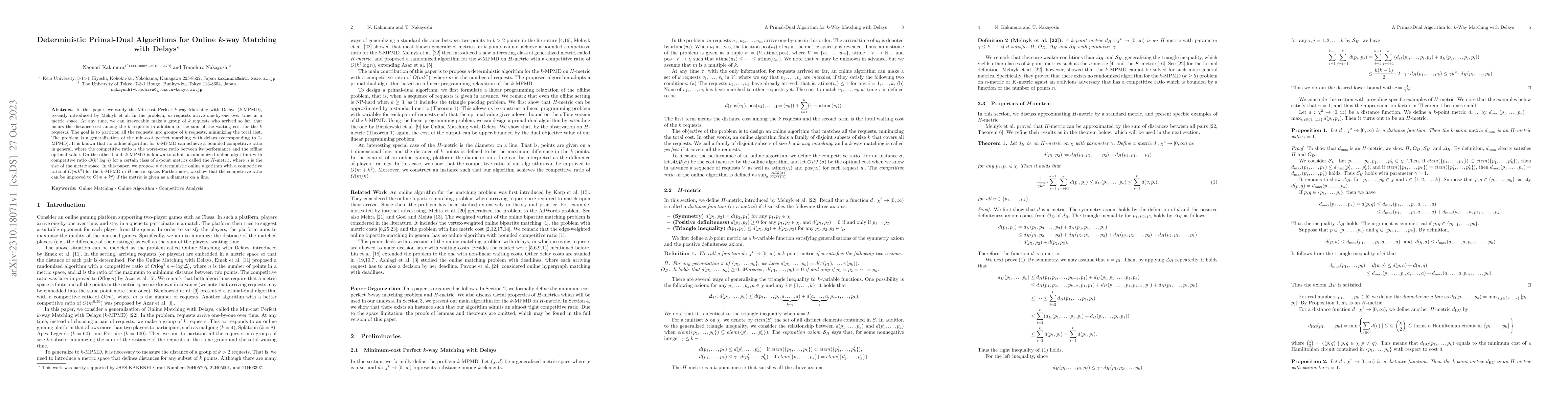 Thumbnail for Deterministic Primal-Dual Algorithms for Online k-way Matching with
  Delays