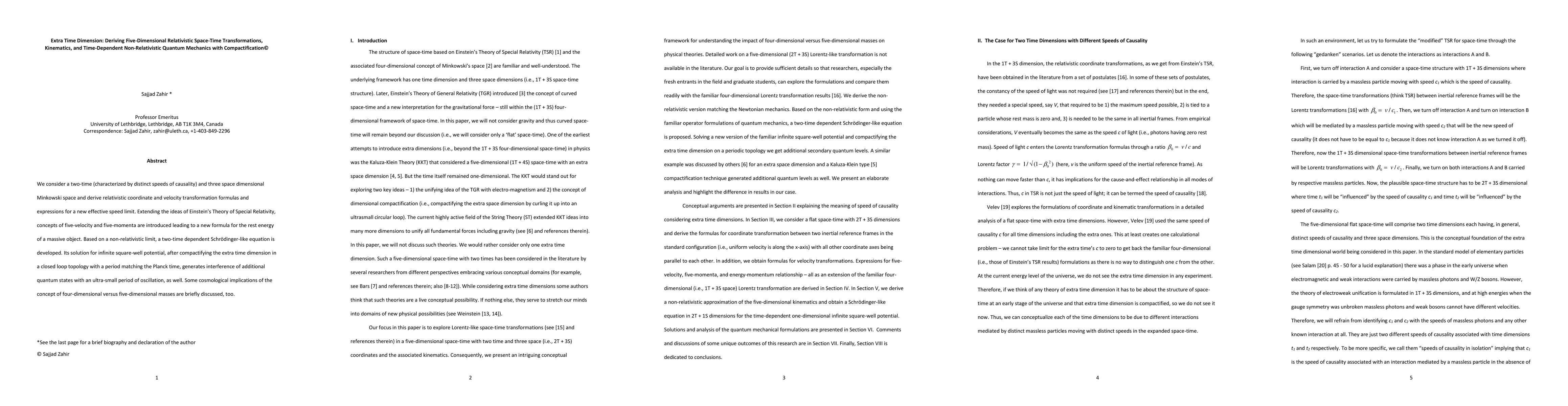 Thumbnail for Extra Time Dimension: Deriving Five-Dimensional Relativistic Space-Time
  Transformations, Kinematics, and Time-Dependent Non-Relativistic Quantum
  Mechanics with Compactification