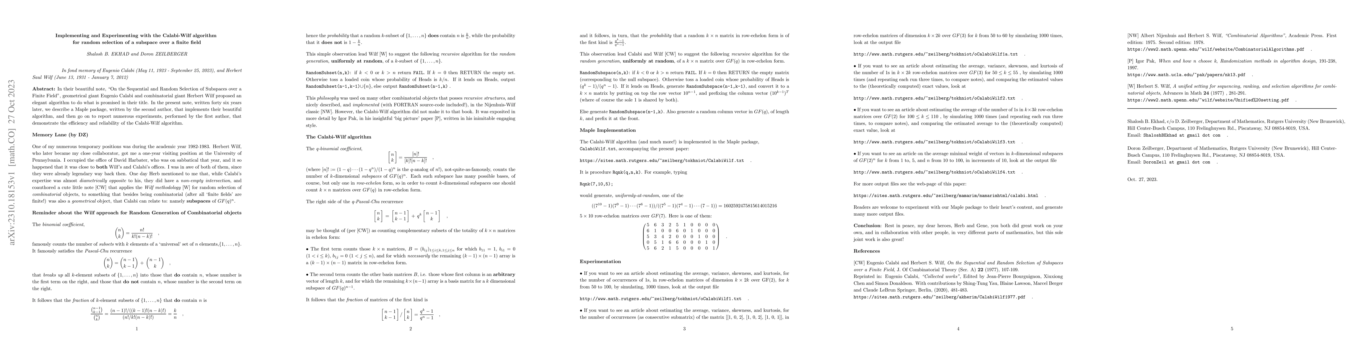 Thumbnail for Implementing and Experimenting with the Calabi-Wilf algorithm for random
  selection of a subspace over a finite field