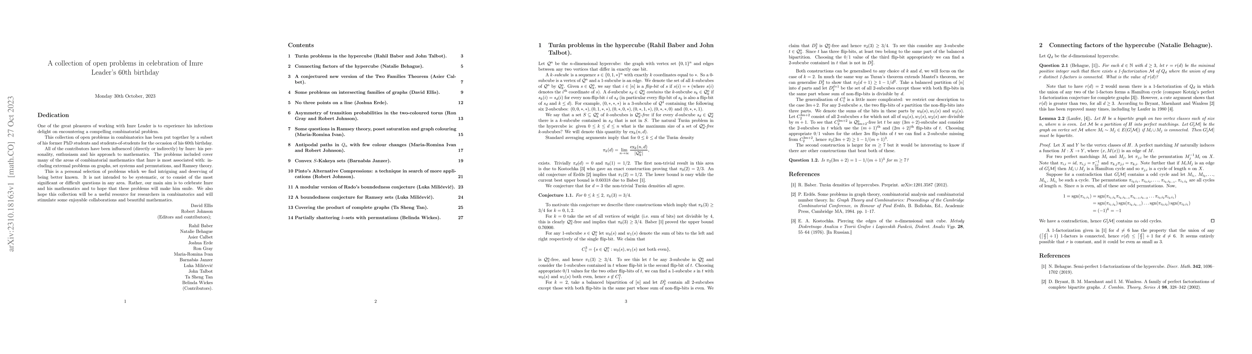 Thumbnail for A collection of open problems in celebration of Imre Leader's 60th
  birthday