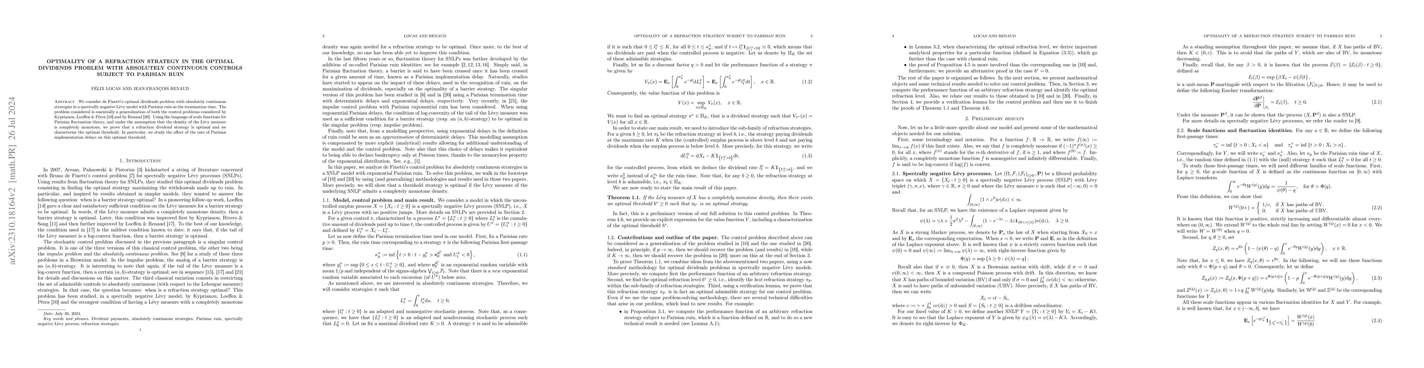 Thumbnail for Optimality of a refraction strategy in the optimal dividends problem
  with absolutely continuous controls subject to Parisian ruin