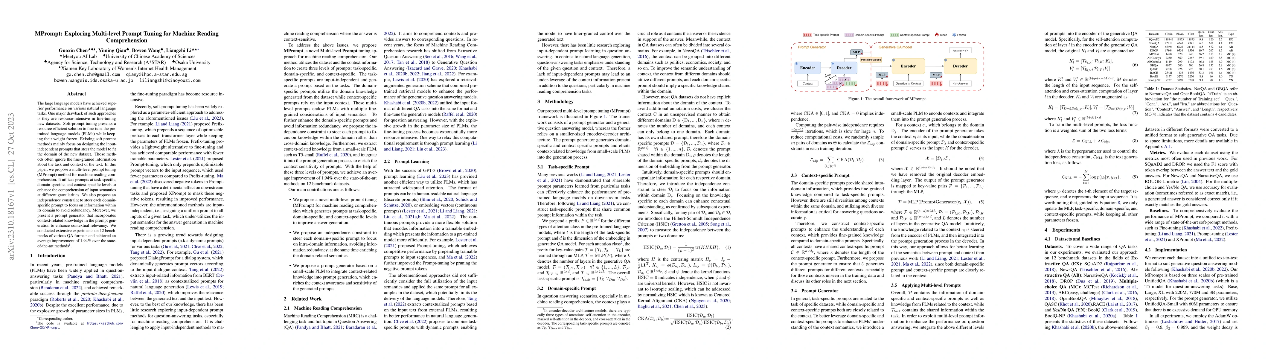 Thumbnail for MPrompt: Exploring Multi-level Prompt Tuning for Machine Reading
  Comprehension