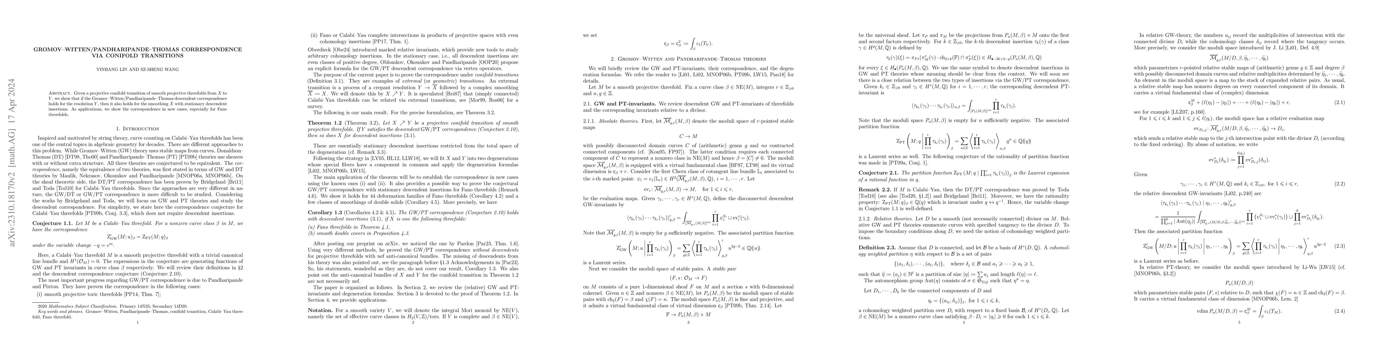 Thumbnail for Gromov--Witten/Pandharipande--Thomas correspondence via conifold
  transitions