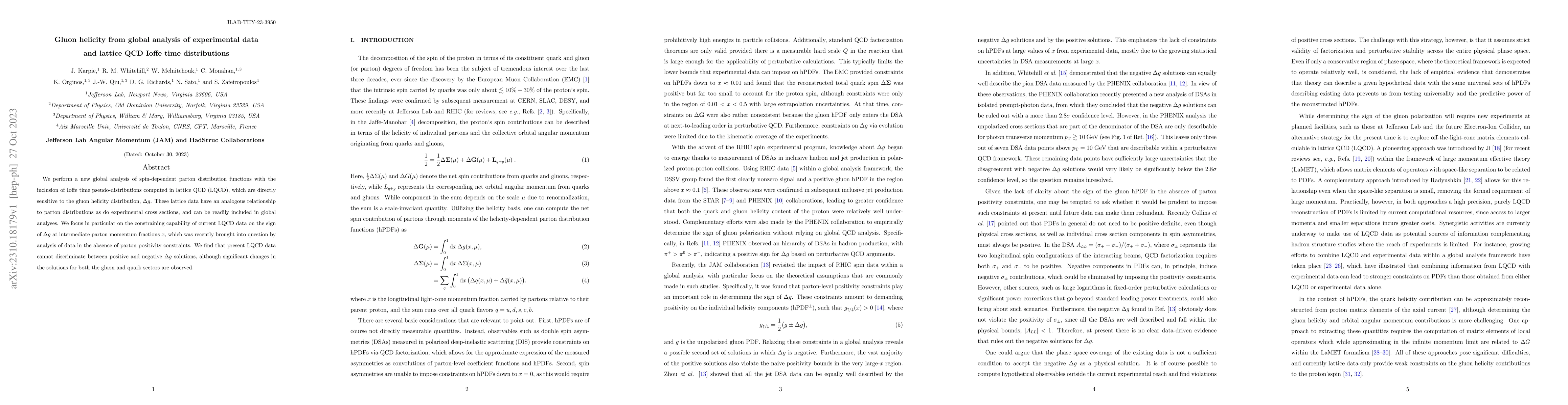 Thumbnail for Gluon helicity from global analysis of experimental data and lattice QCD
  Ioffe time distributions