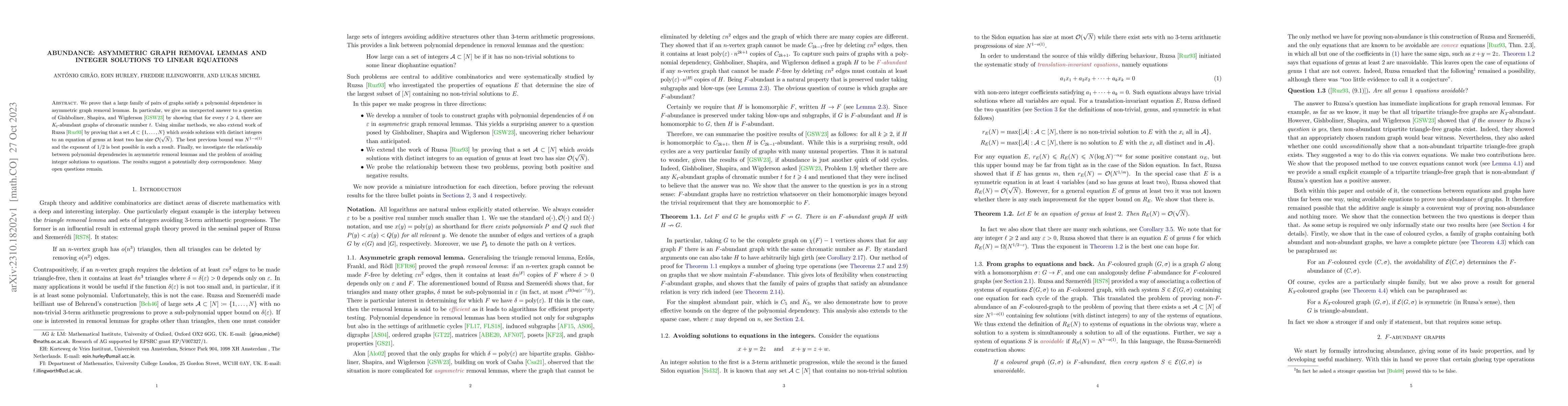 Thumbnail for Abundance: Asymmetric Graph Removal Lemmas and Integer Solutions to
  Linear Equations