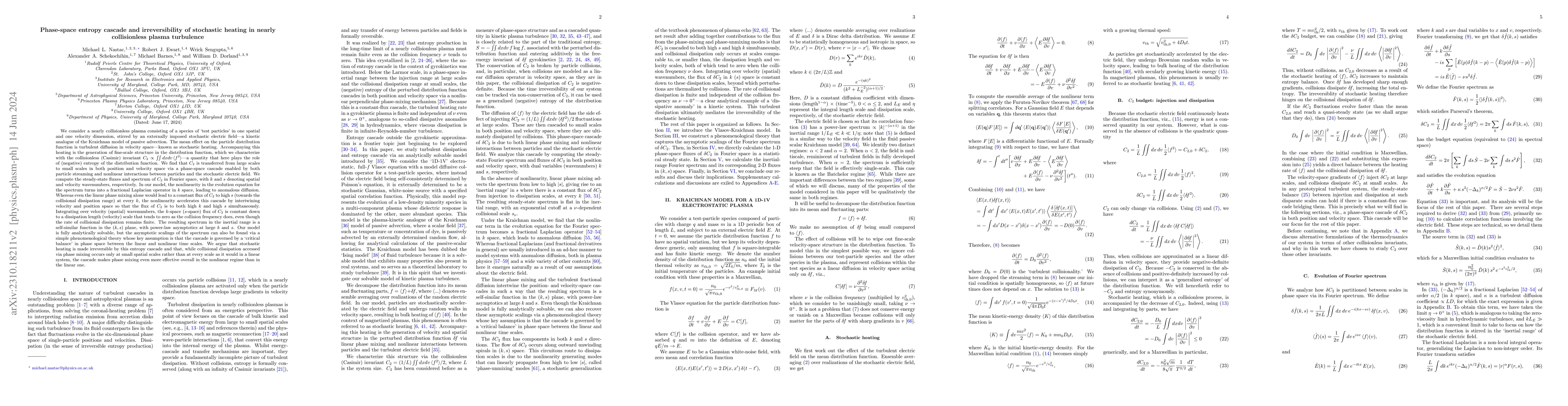 Thumbnail for Phase-space entropy cascade and irreversibility of stochastic heating in
  nearly collisionless plasma turbulence
