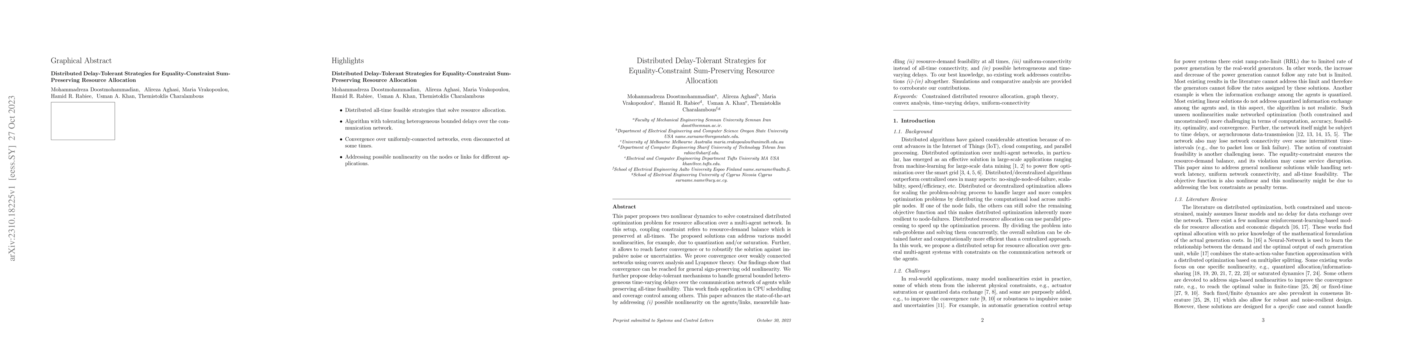 Thumbnail for Distributed Delay-Tolerant Strategies for Equality-Constraint
  Sum-Preserving Resource Allocation