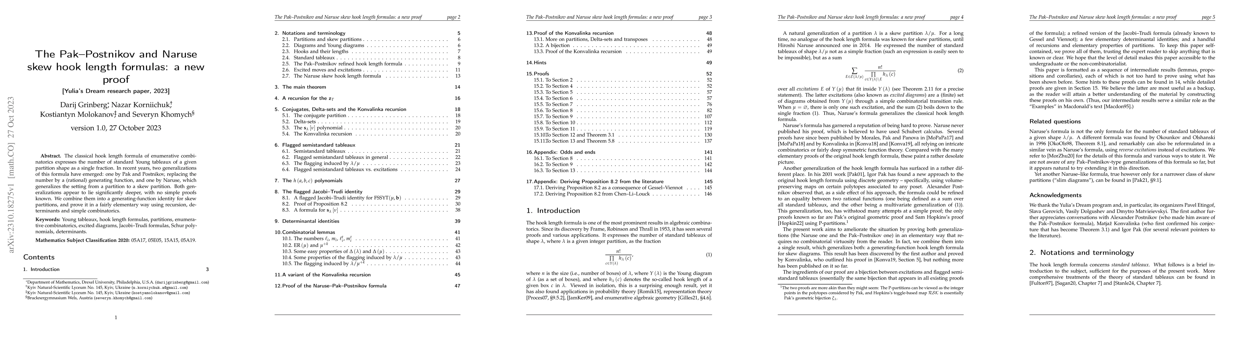 Thumbnail for The Pak--Postnikov and Naruse skew hook length formulas: a new proof