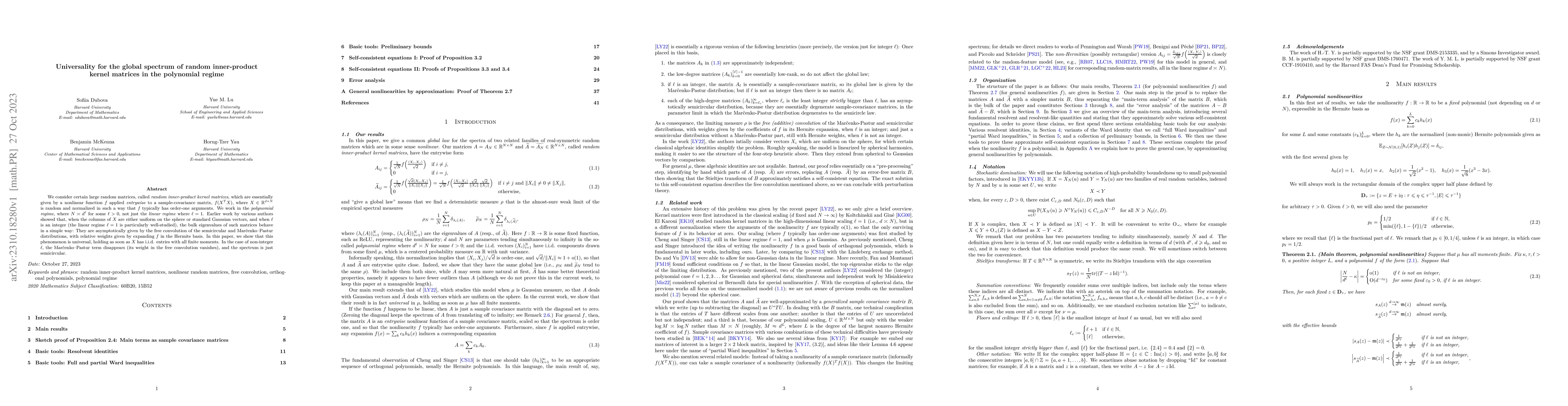 Thumbnail for Universality for the global spectrum of random inner-product kernel
  matrices in the polynomial regime