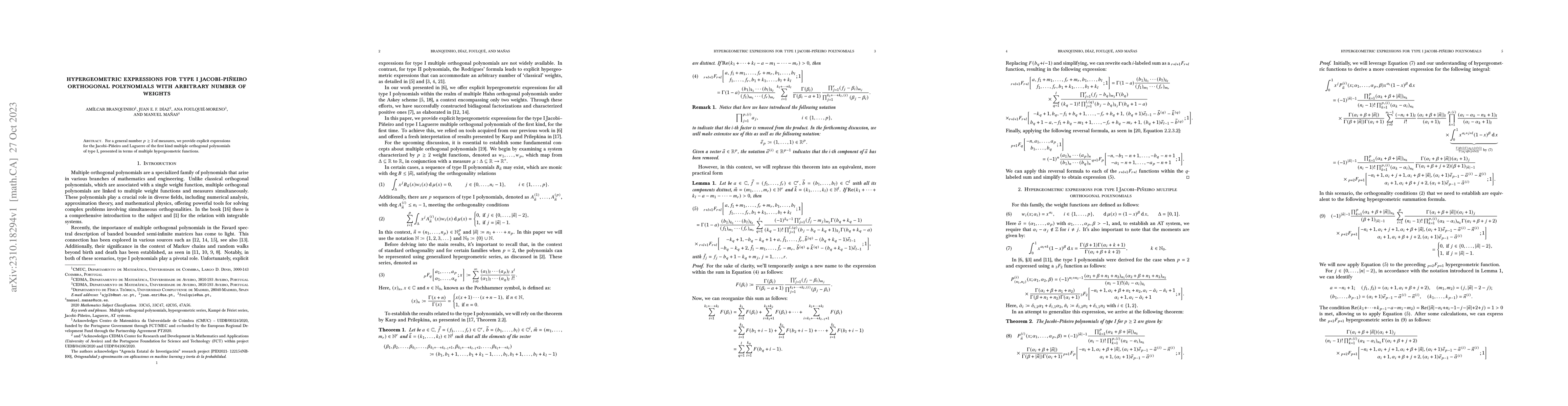 Thumbnail for Hypergeometric Expressions for Type I Jacobi-Pi\~neiro Orthogonal
  Polynomials with Arbitrary Number of Weights