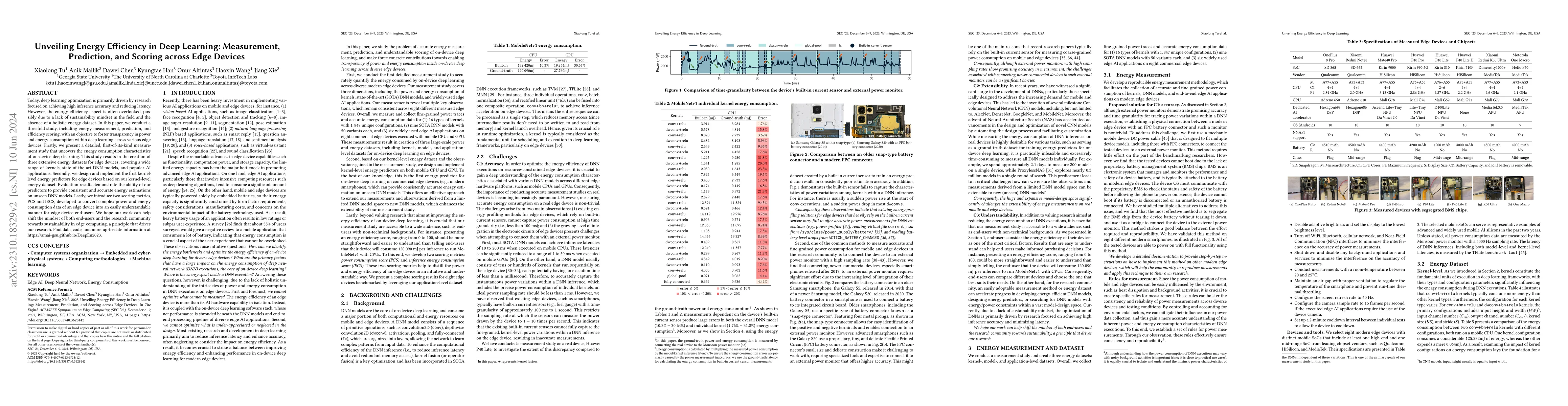 Thumbnail for Unveiling Energy Efficiency in Deep Learning: Measurement, Prediction,
  and Scoring across Edge Devices