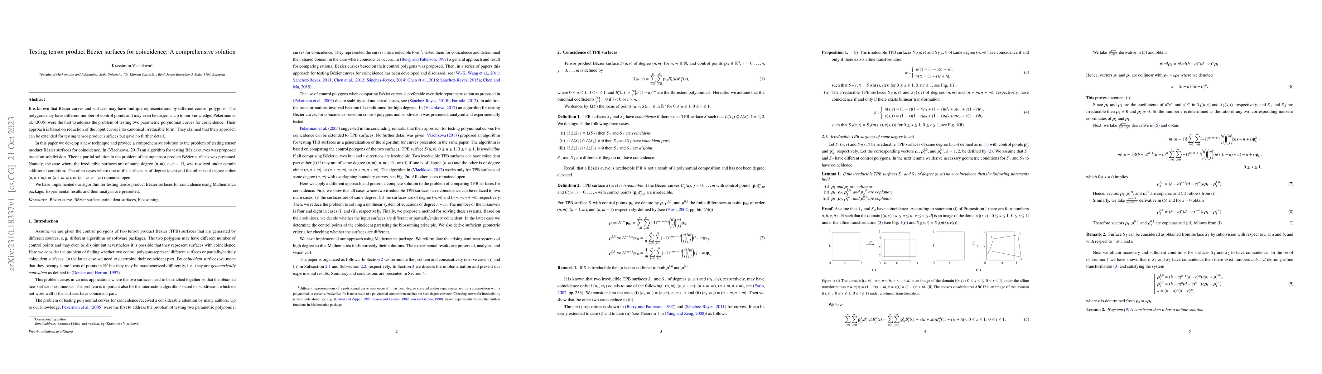 Thumbnail for Testing tensor product B\'{e}zier surfaces for coincidence: A
  comprehensive solution