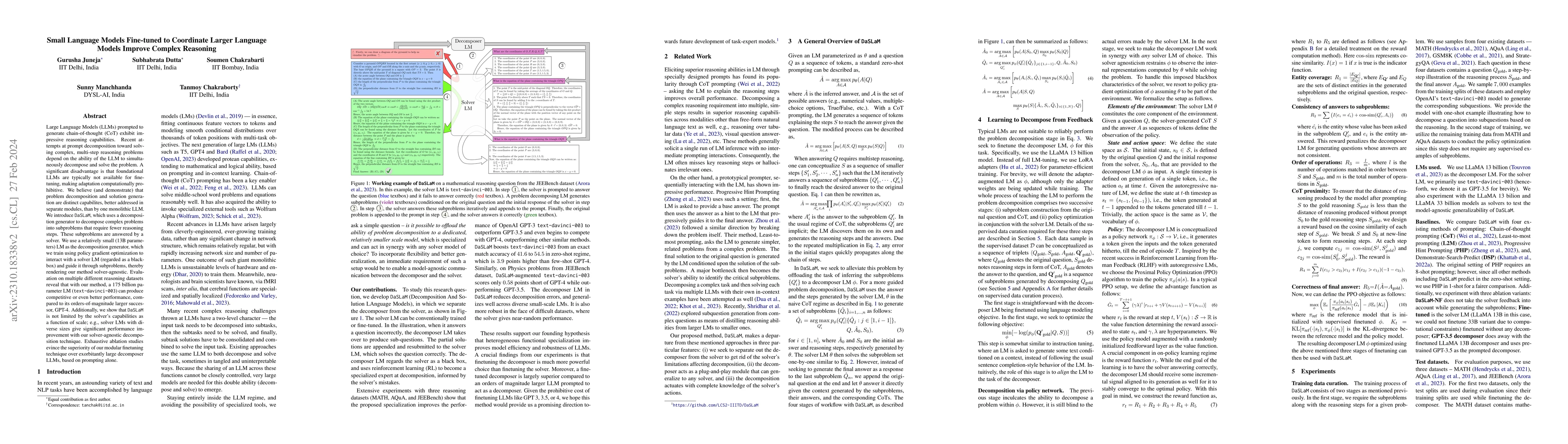 Thumbnail for Small Language Models Fine-tuned to Coordinate Larger Language Models
  improve Complex Reasoning