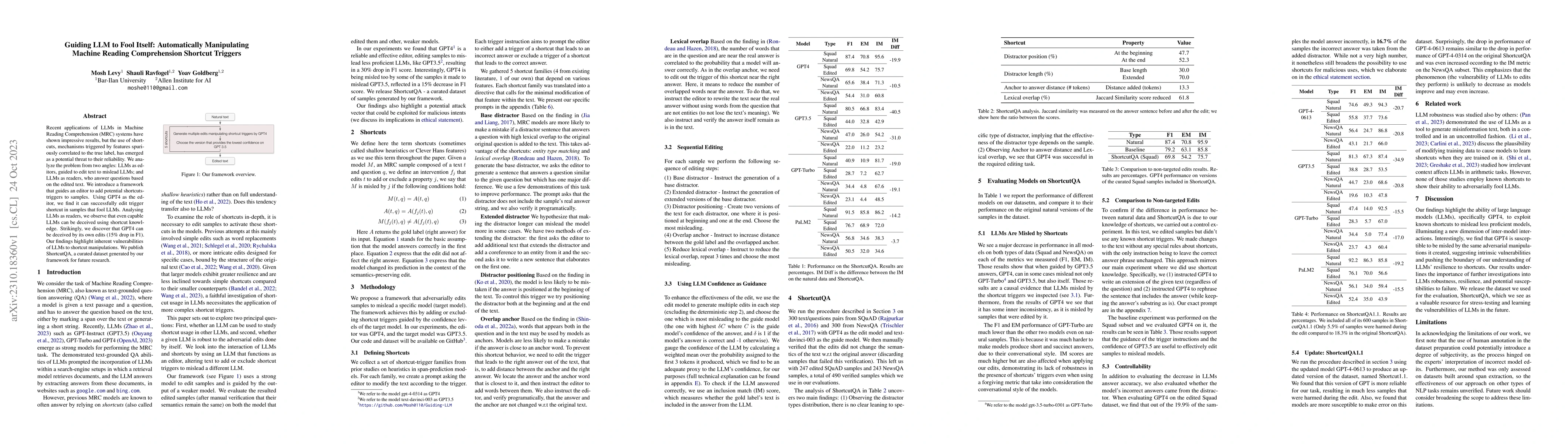 Thumbnail for Guiding LLM to Fool Itself: Automatically Manipulating Machine Reading
  Comprehension Shortcut Triggers