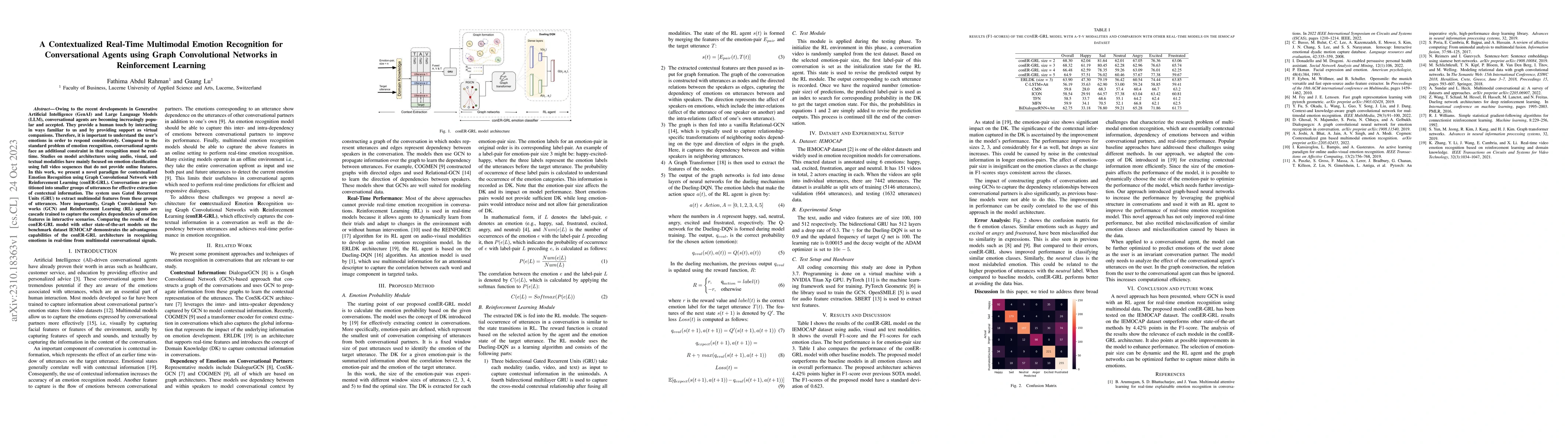 Thumbnail for A Contextualized Real-Time Multimodal Emotion Recognition for
  Conversational Agents using Graph Convolutional Networks in Reinforcement
  Learning