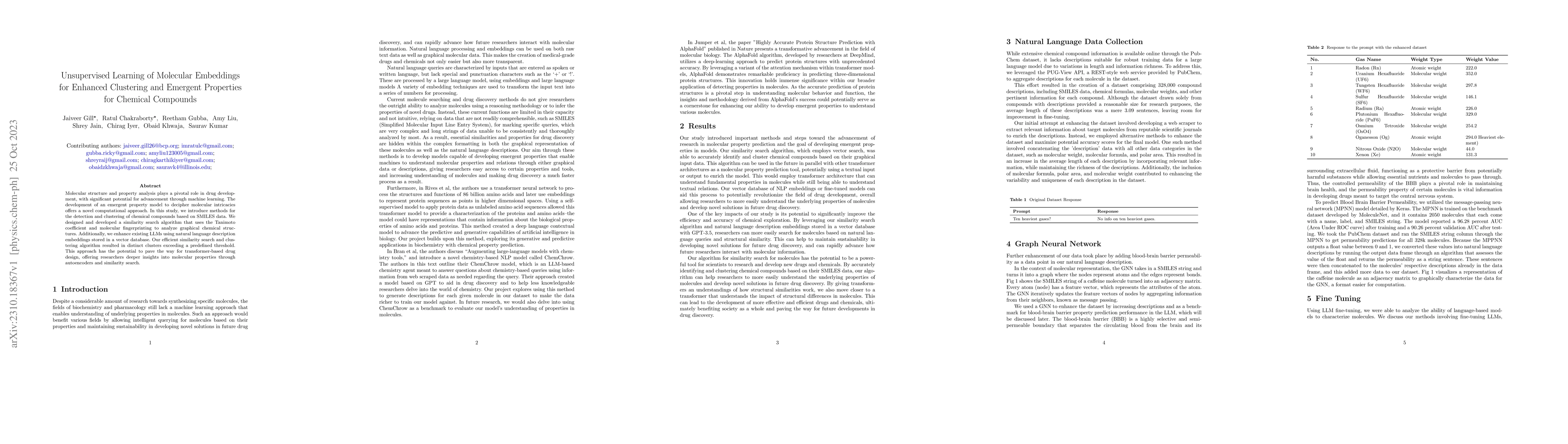 Thumbnail for Unsupervised Learning of Molecular Embeddings for Enhanced Clustering
  and Emergent Properties for Chemical Compounds