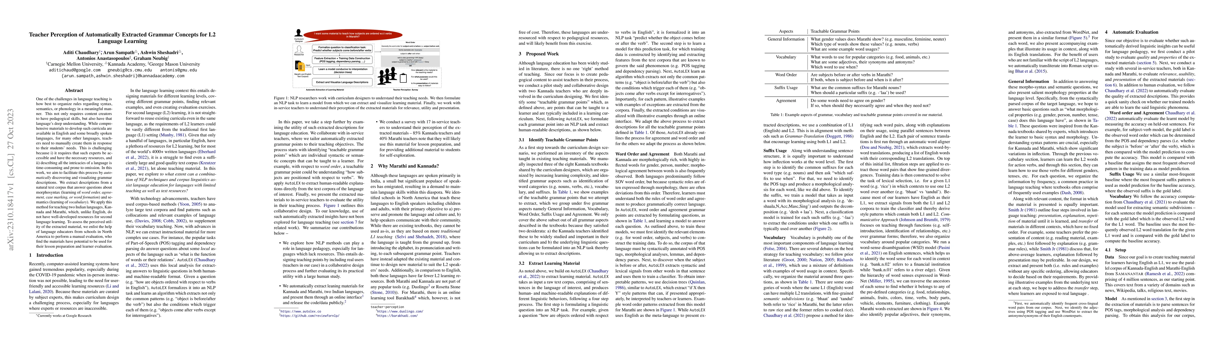 Thumbnail for Teacher Perception of Automatically Extracted Grammar Concepts for L2
  Language Learning