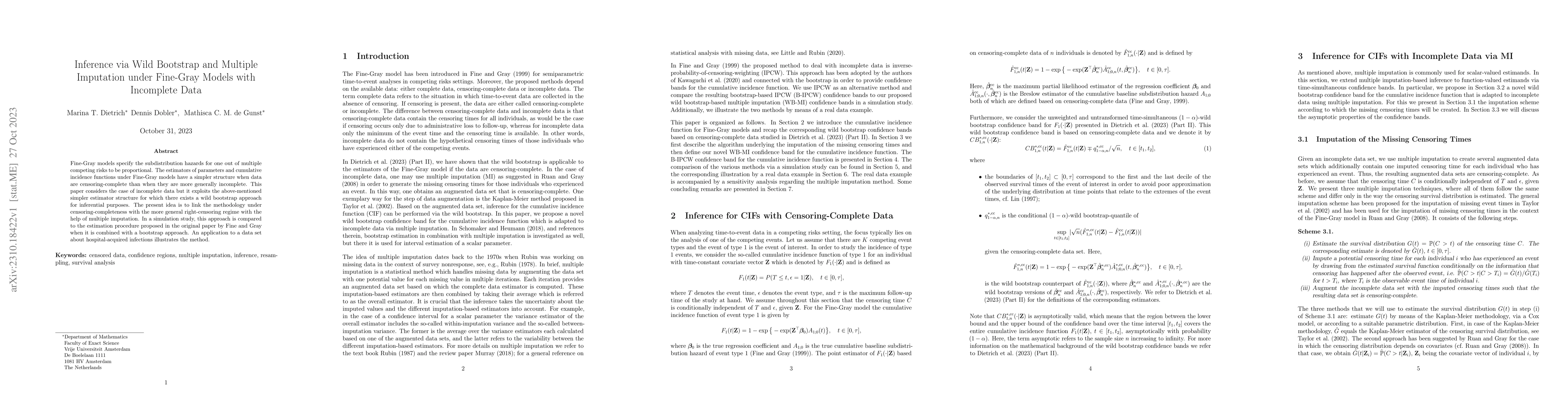 Thumbnail for Inference via Wild Bootstrap and Multiple Imputation under Fine-Gray
  Models with Incomplete Data