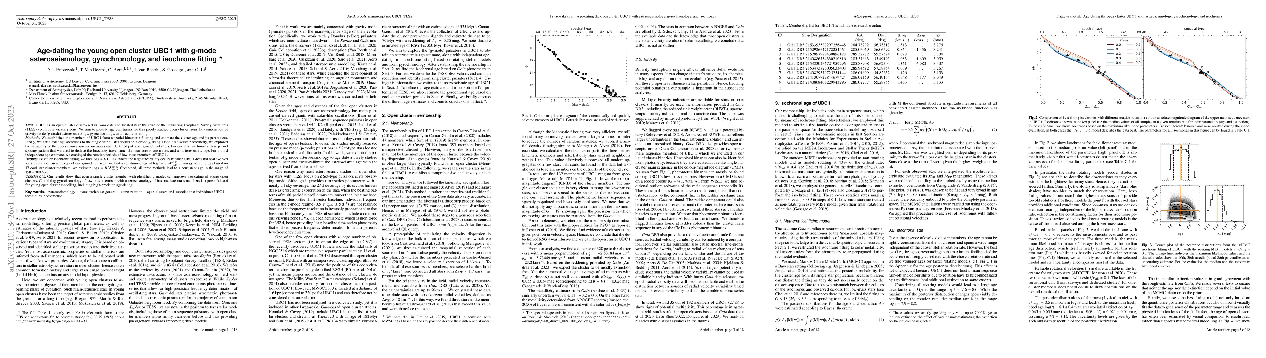 Thumbnail for Age-dating the young open cluster UBC 1 with g-mode asteroseismology,
  gyrochronology, and isochrone fitting