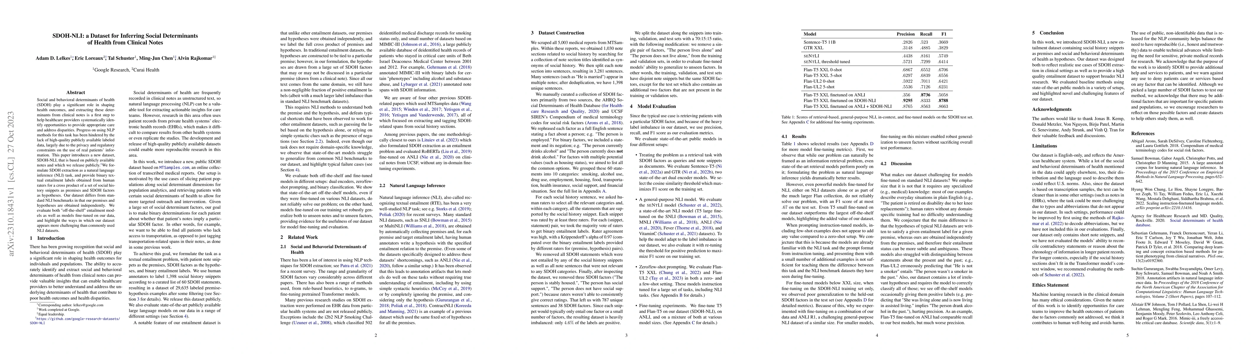 Thumbnail for SDOH-NLI: a Dataset for Inferring Social Determinants of Health from
  Clinical Notes